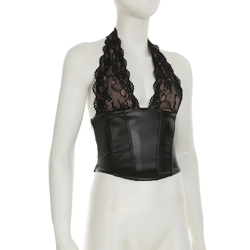 Black Lace Patchwork PU Tank Top