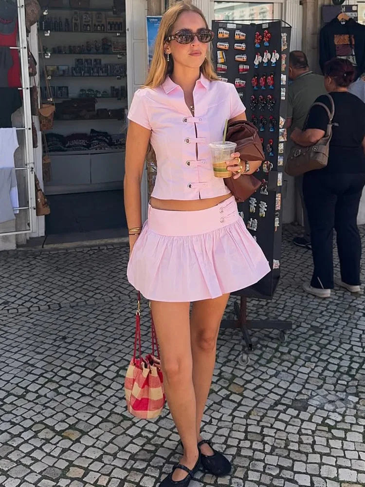 Polo Collar Short Sleeve Top And Mini Skirt Set