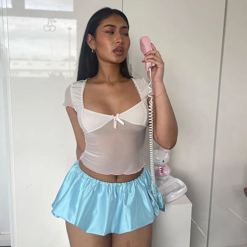 Satin Puff Low Waist Mini Skirt