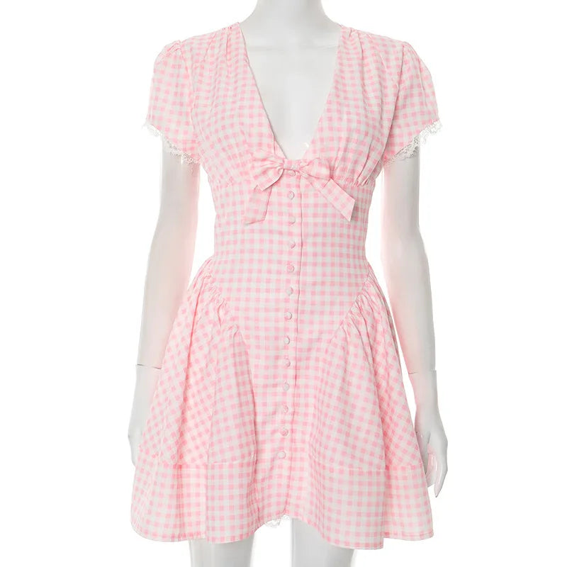 Plaid Print Puff Sleeve V-Neck Bow Flare Mini Dress