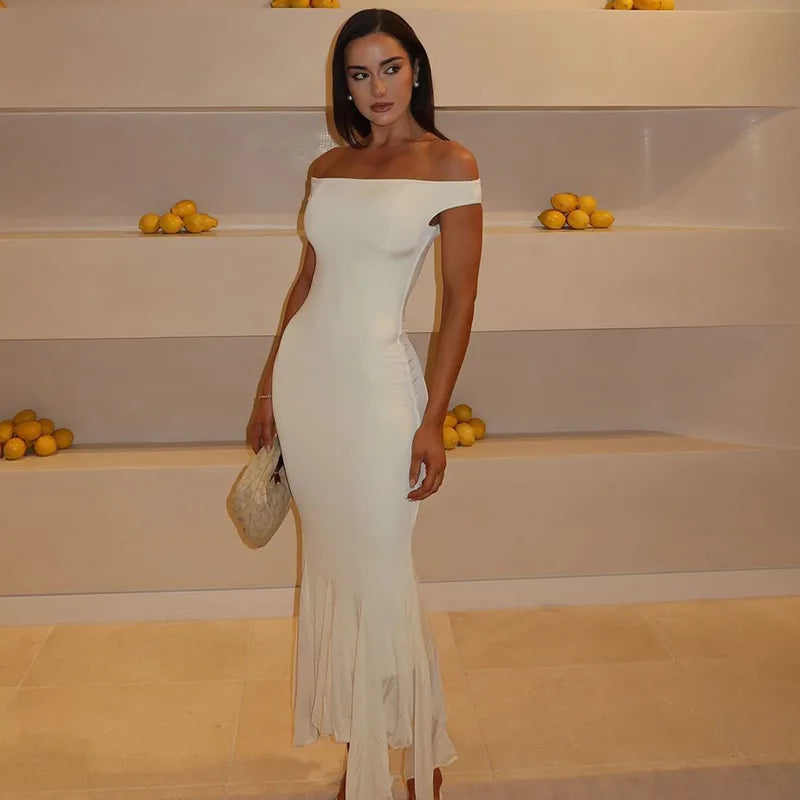 White Off-Shoulder Mesh Irregular Hem Midi Dress