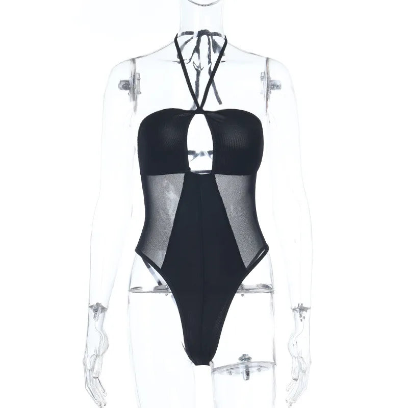 Black Mesh Patchwork Halter  Bodysuit