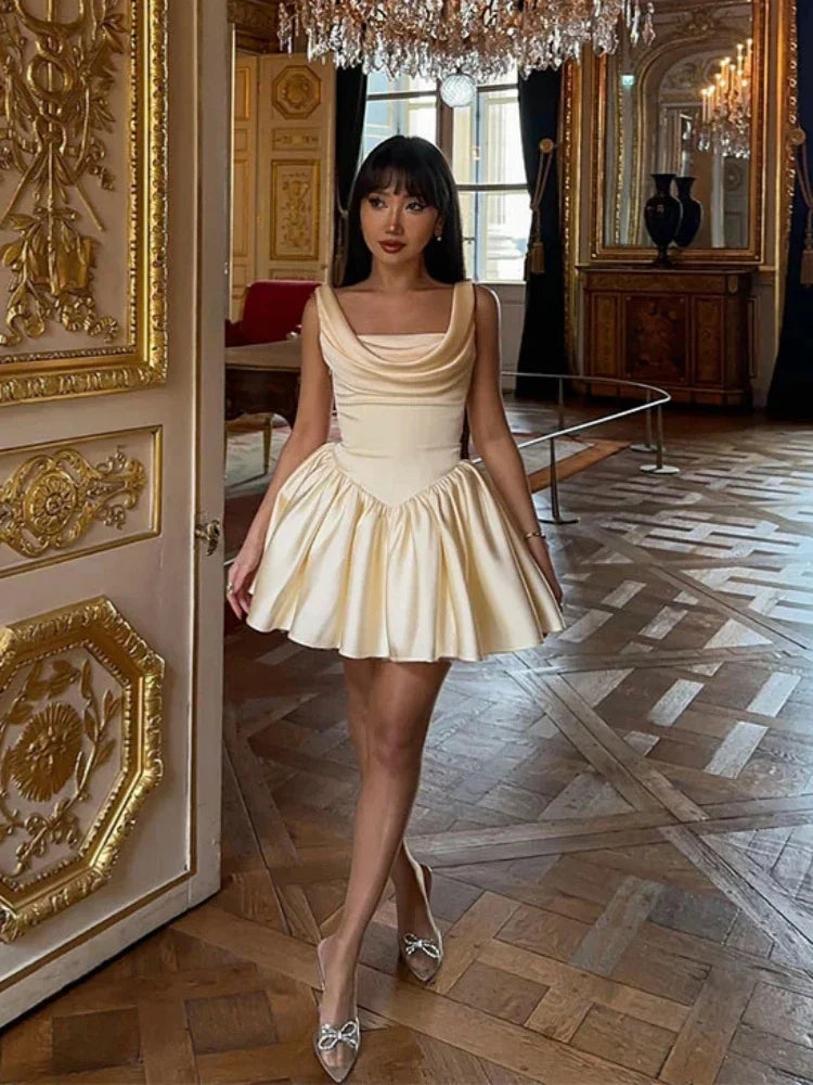 Satin Cowl Neck Back Lace Up Mini Dress