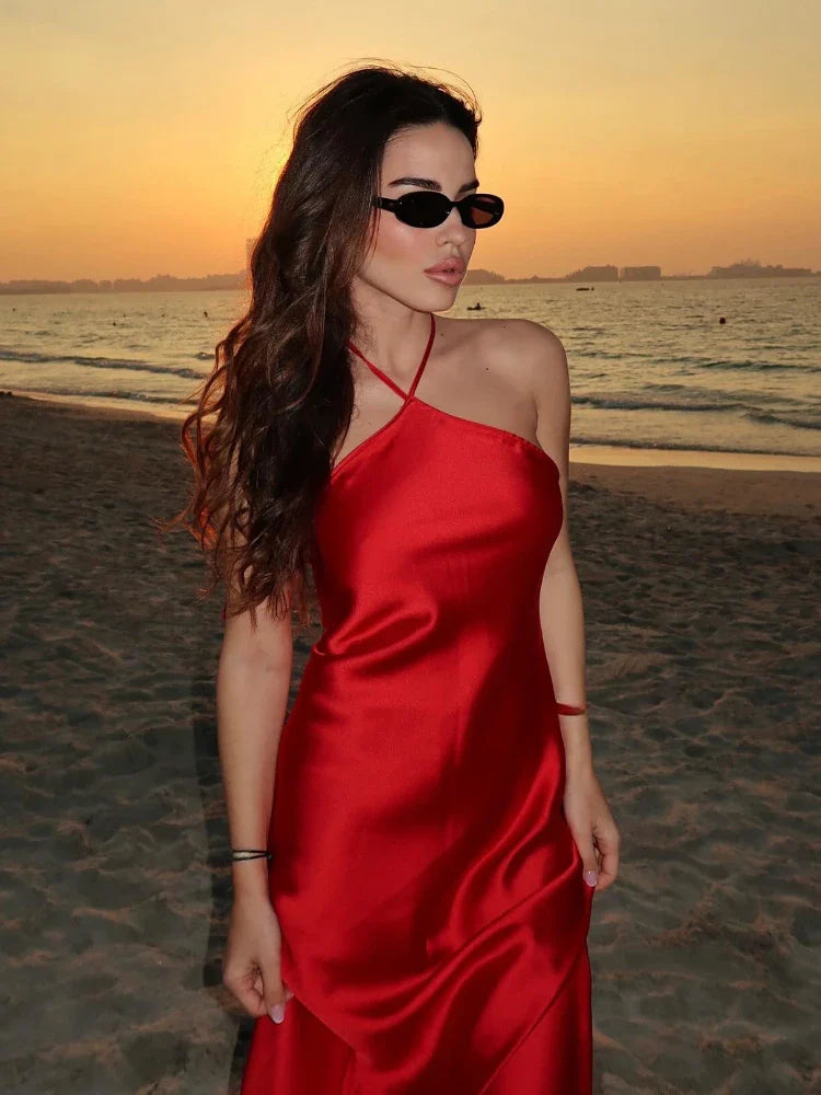 Red Satin Halter Maxi Dress