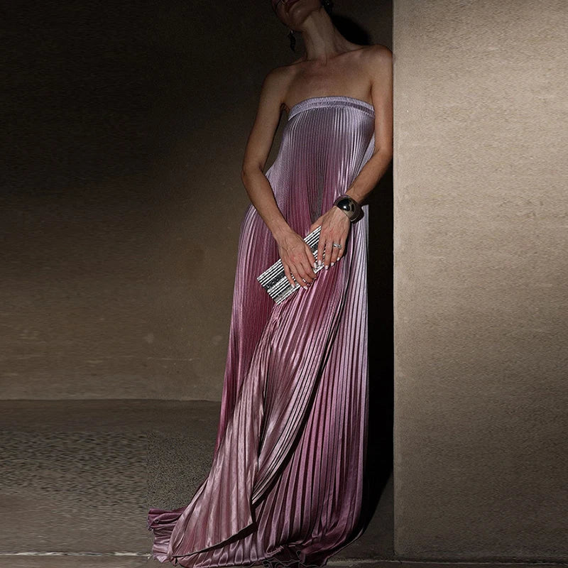 Pink Sleeveless Gradient Pleated Long Dress