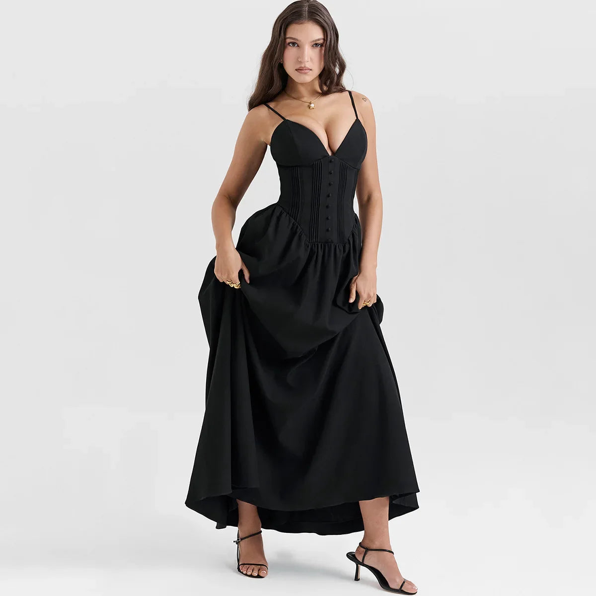 Black Buttoned  V-Neck Spaghetti Strap Maxi Dress