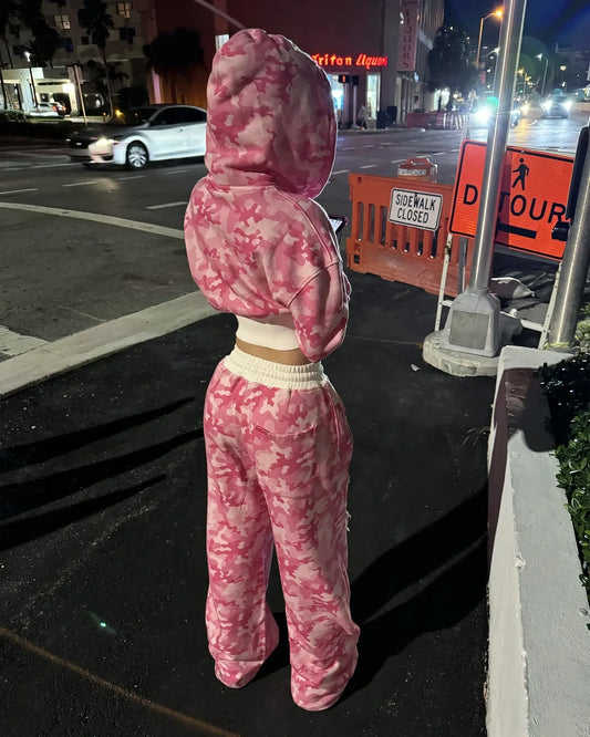 Camouflage Crop Hoodie And Track Pants Set