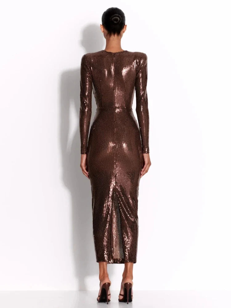 Brown Sequin Deep V Neck Long Sleeve Midi Dress