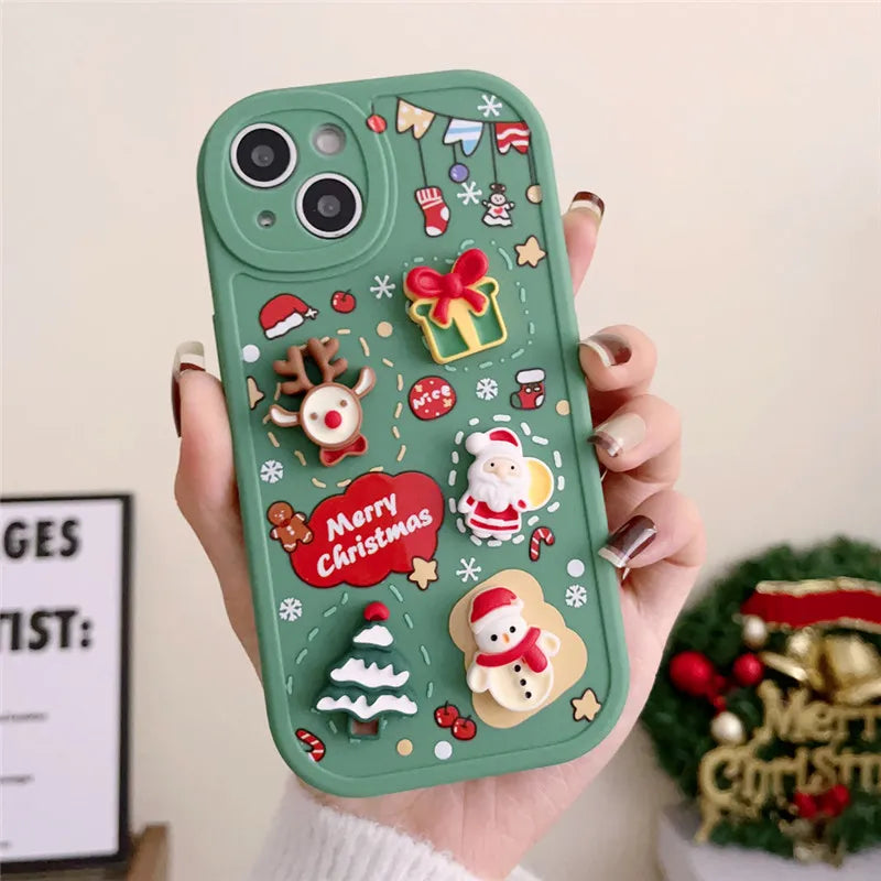 Ottwn 3D Cartoon Elk Santa Claus Tree Christmas Phone Case For iPhone 13 11 12 Pro Max 13 14 Plus X XR XS 7 8 Plus SE Cover