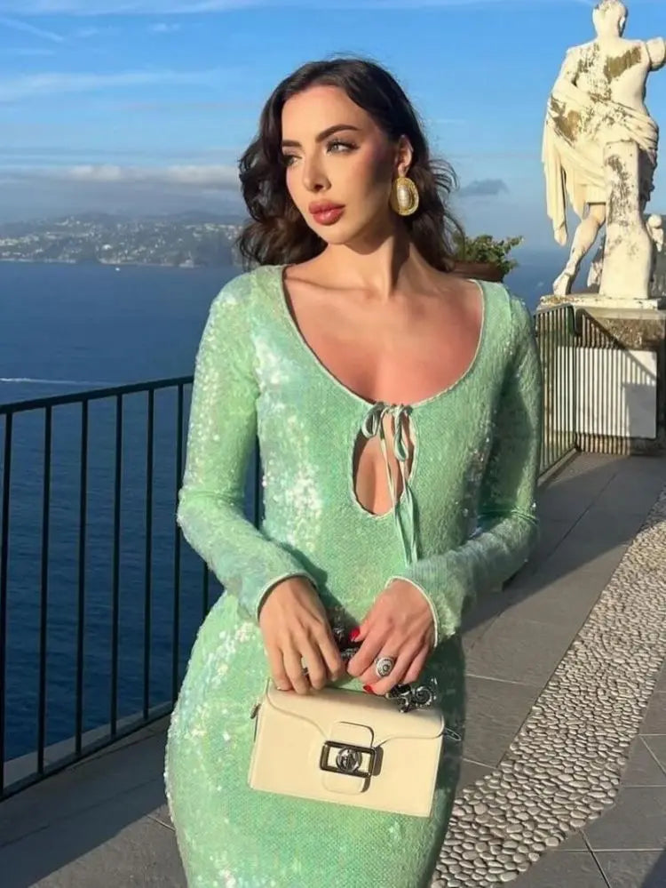 Green Sequin Long Sleeve Maxi Dress