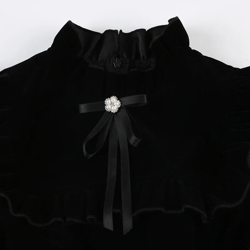 Ruffle Sleeve High Neck Velvet Black Mini Dress