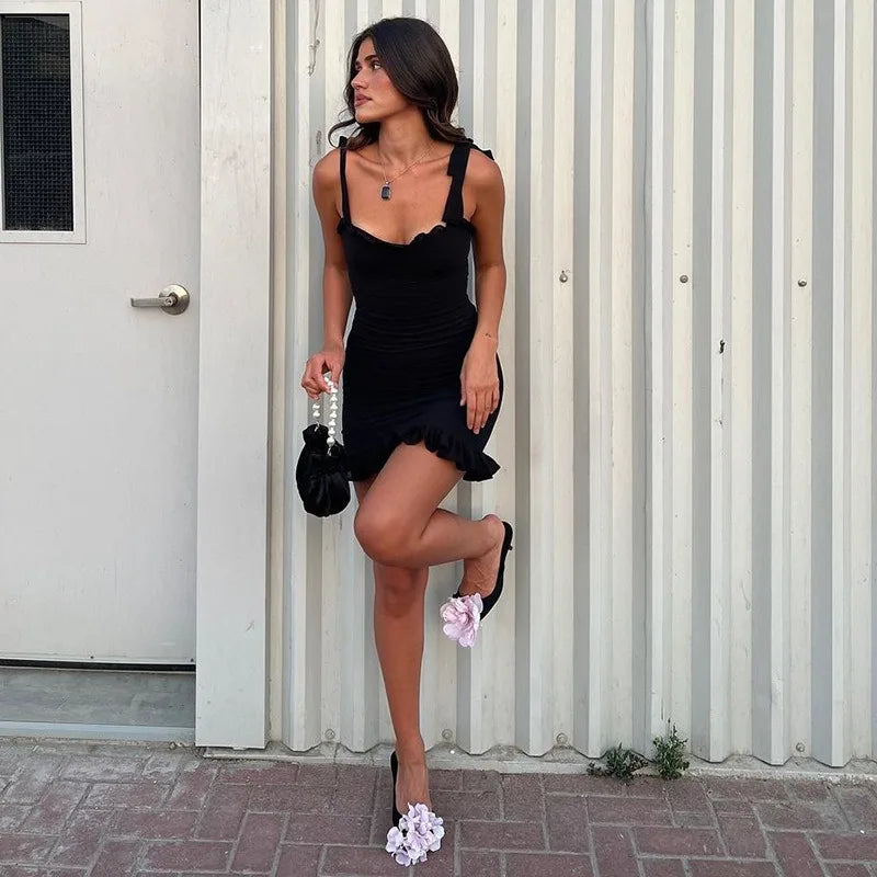 Frill Trim Tie-Up Mesh Mini Dress