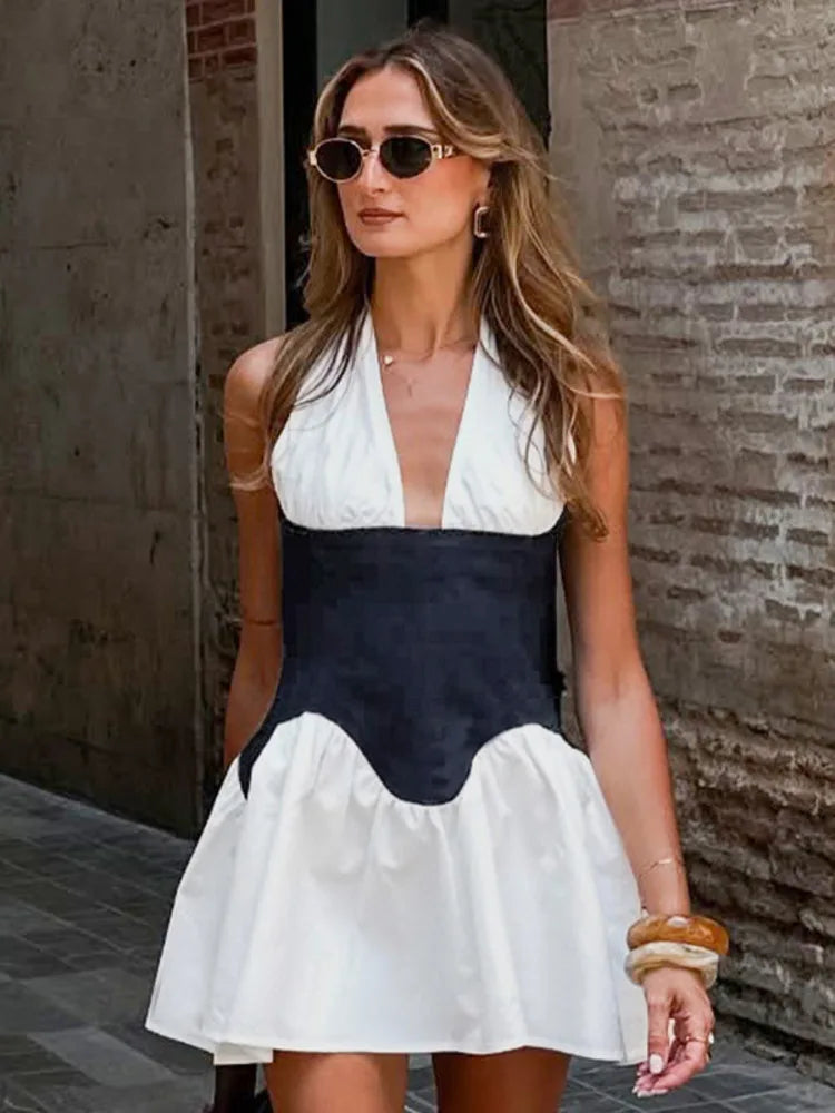 White Deep V-neck Halter Black Corset Mini Dress