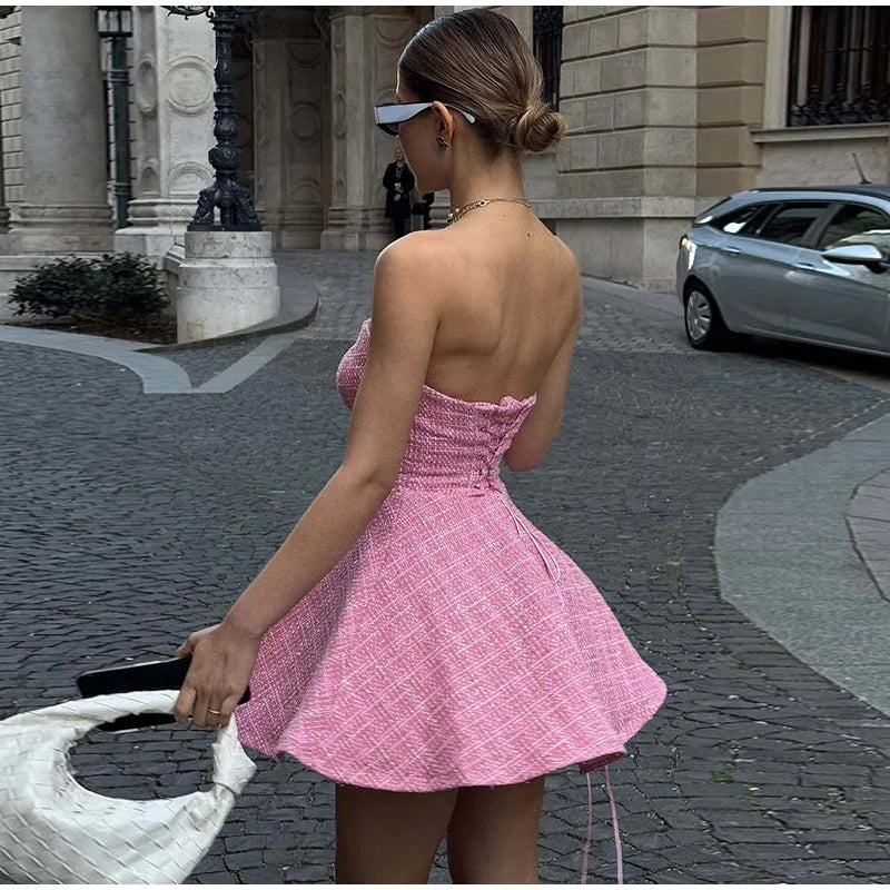 Tweed Strapless Buttoned Mini Dress