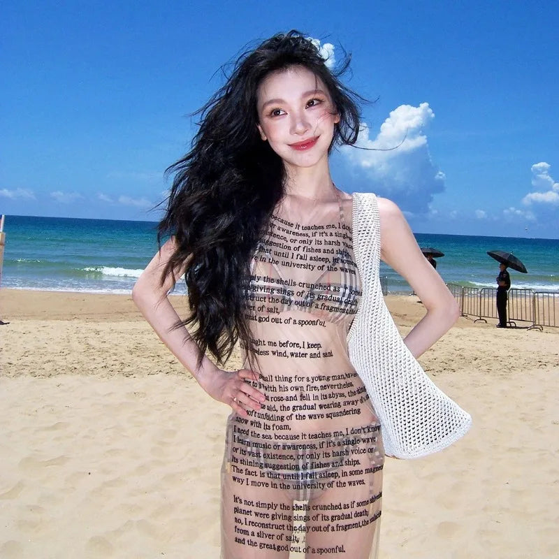 Letter Print Transparent Mesh Tank Mini Dress - Beach Style A-Line