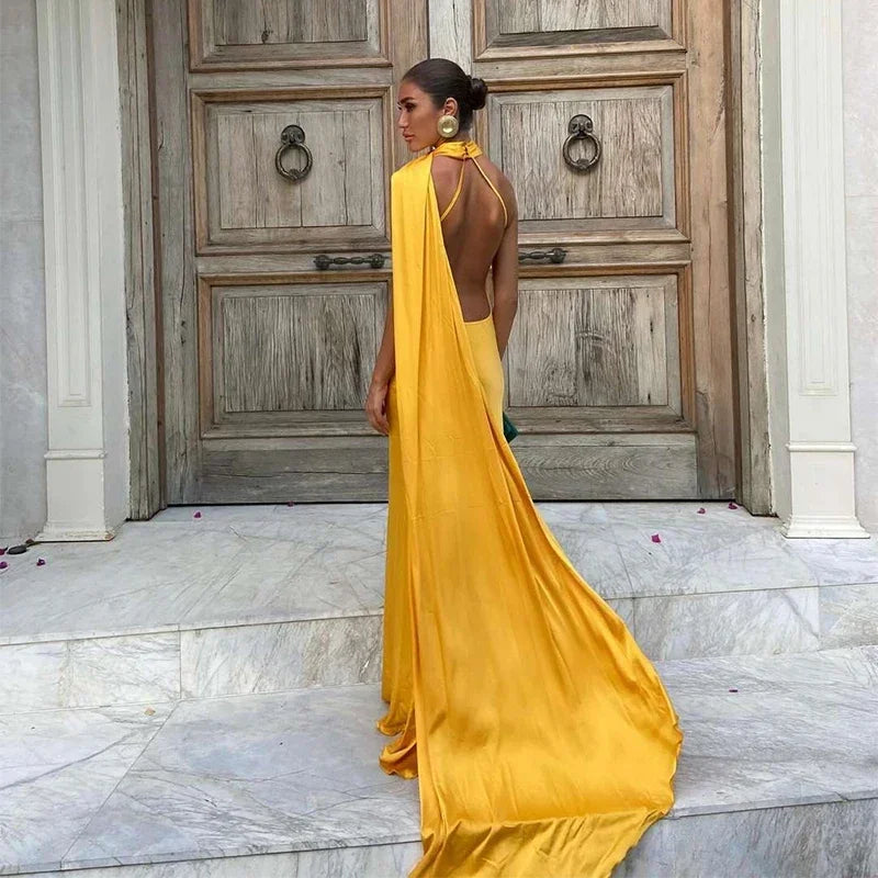 Satin Long Draped Halter Maxi Dress