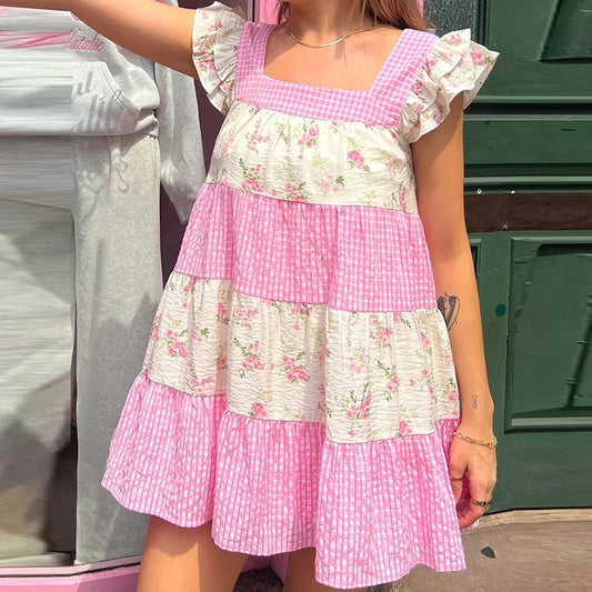 Pink Floral Plaid Patchwork  Ruffles Strap Babydoll Mini Dress