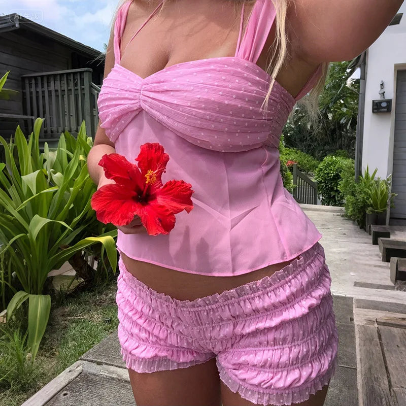 Sheer Top And Ruffles Shorts Set