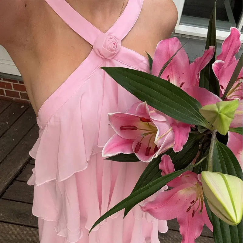 Pink Pleated Halter Maxi Dress