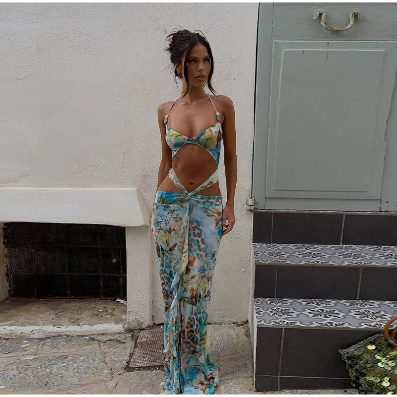 Blue Printed Cut Out Tie Up Maxi Dress â€?V-Neck Style