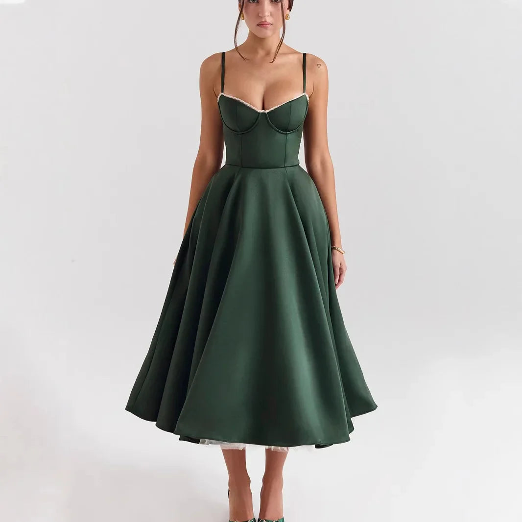 Satin Bustier Strap Tulle Midi Dress