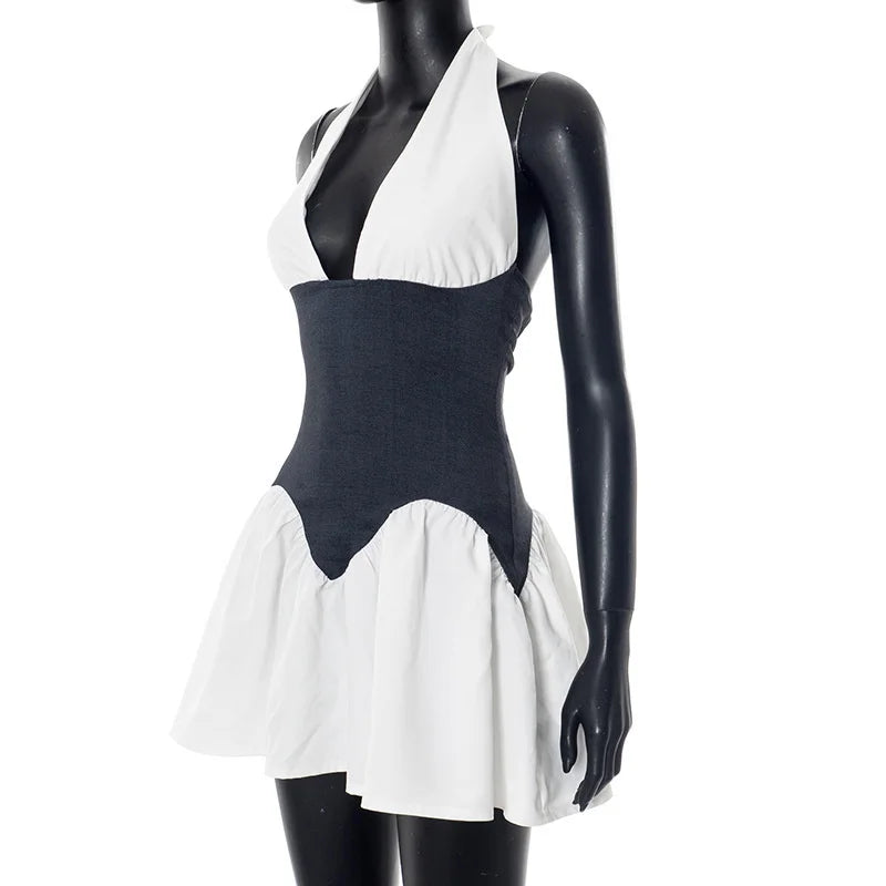 White Deep V-neck Halter Black Corset Mini Dress