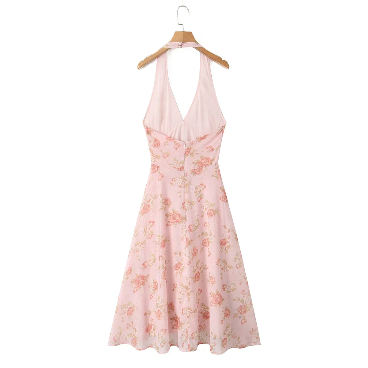 Pink Flower Print Halter Midi Dress