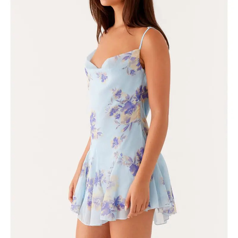 Blue Floral Print Cowl Neck Backless Ruffles Mesh Mini Dress