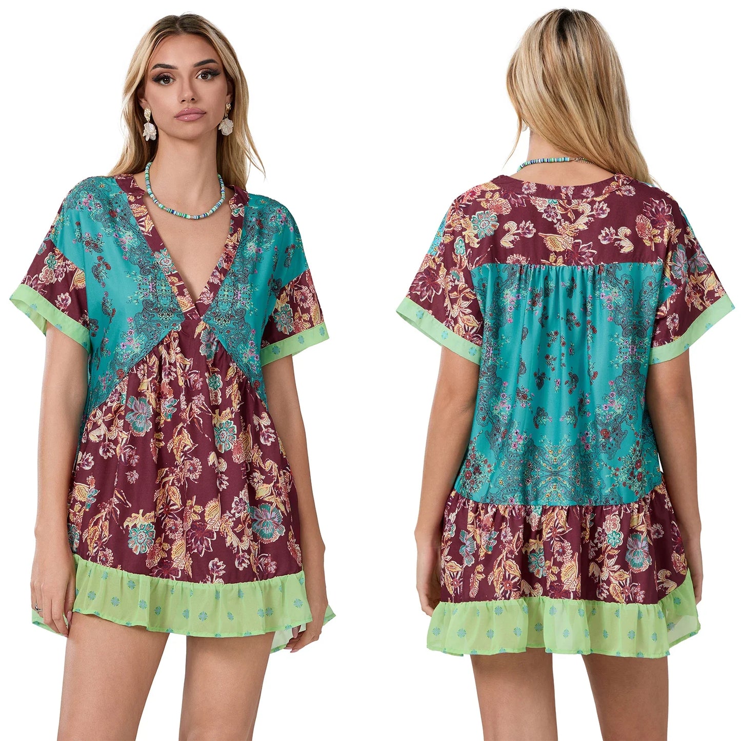 Floral Print Short Sleeve V-Neck Ruffled Hem Loose Mini Dress with Pockets