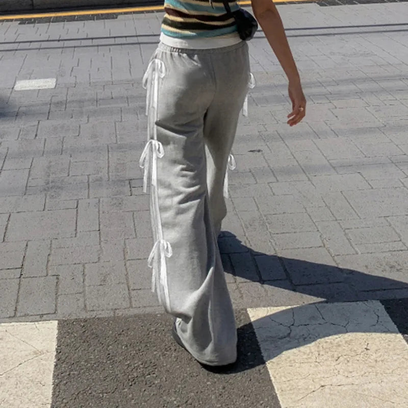 Grey Stripe Ribbon Drawstring Sweatpants