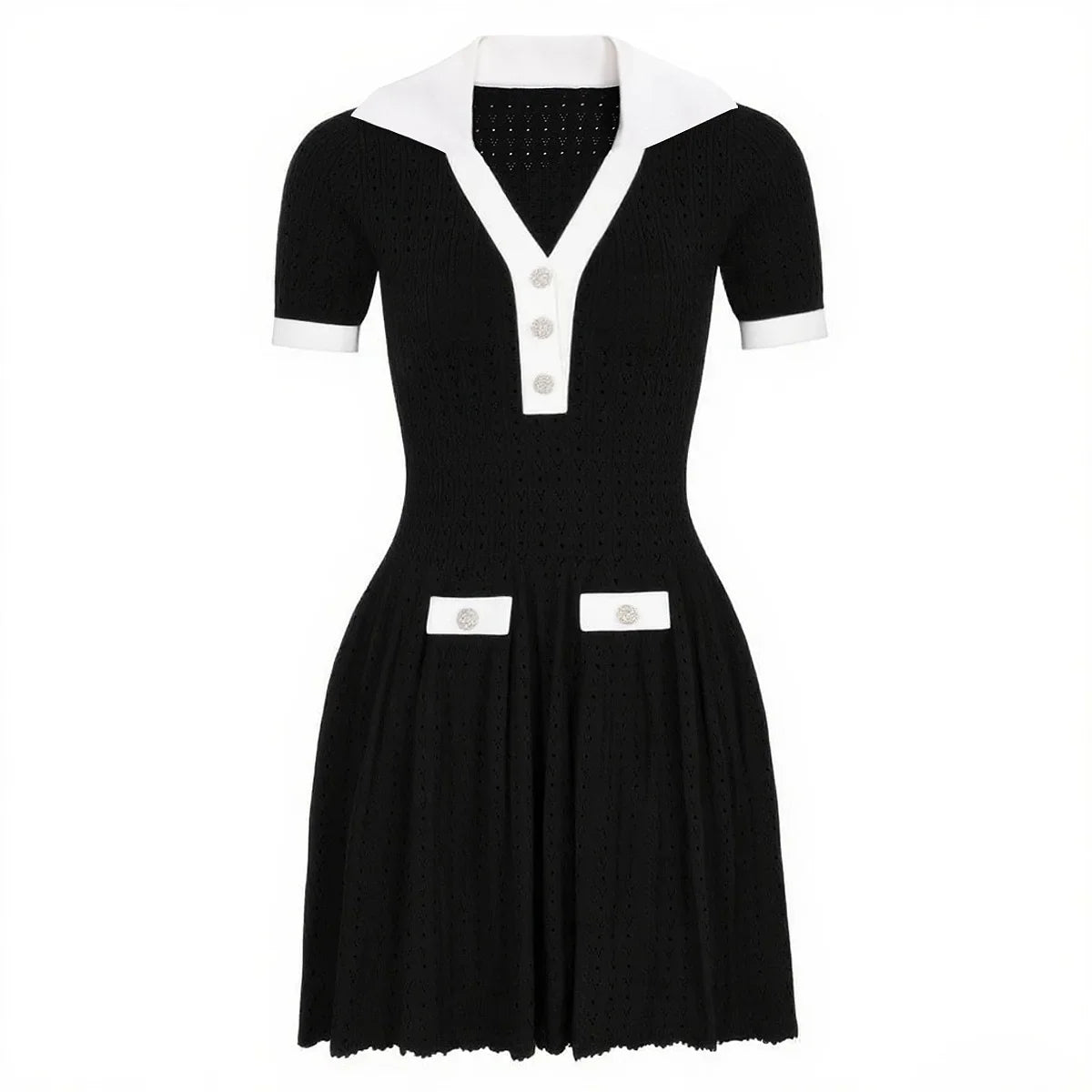 Contrast Trim Button Knit Collar Mini Dress