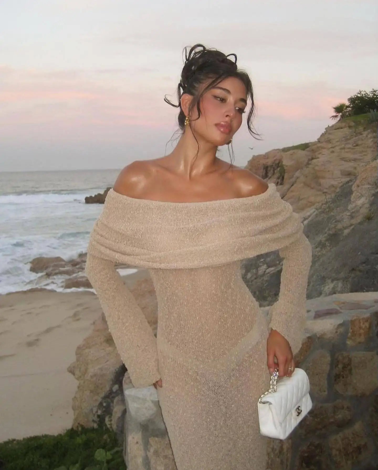 Knit Off-Shoulder Long Sleeve Maxi Dress