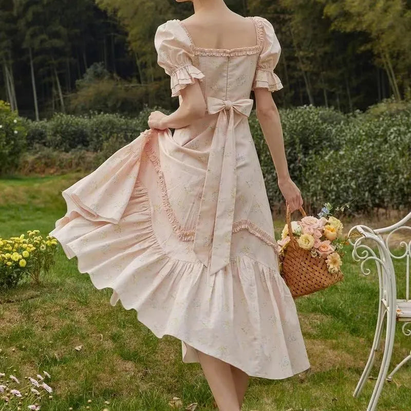 Floral Print Puff Ruffles Sleeve Midi Dress