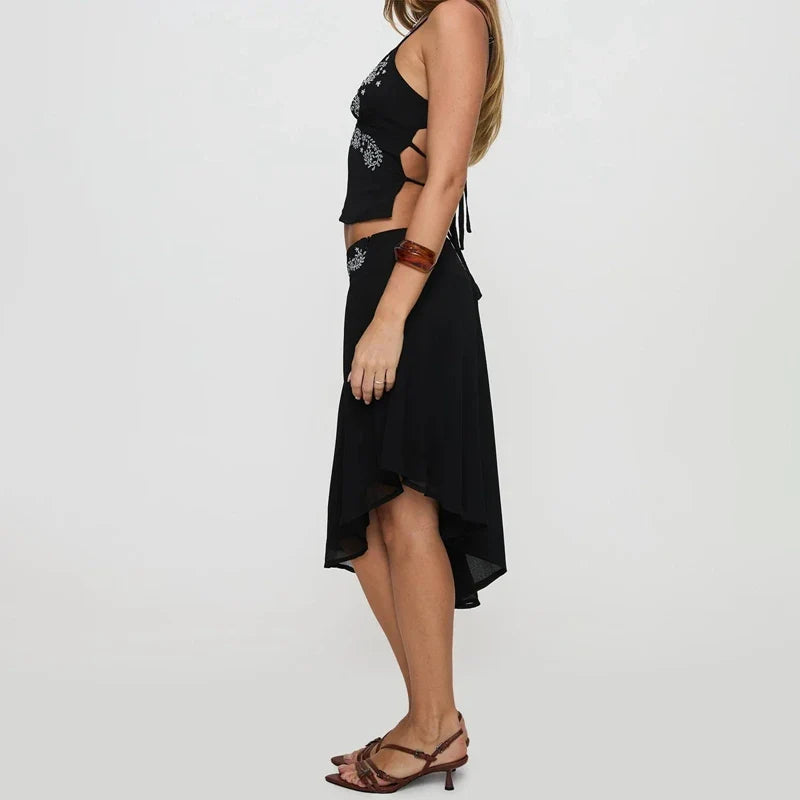 Printed V-Neck Cami & Skirt Set â€?Ruffle Midi Look