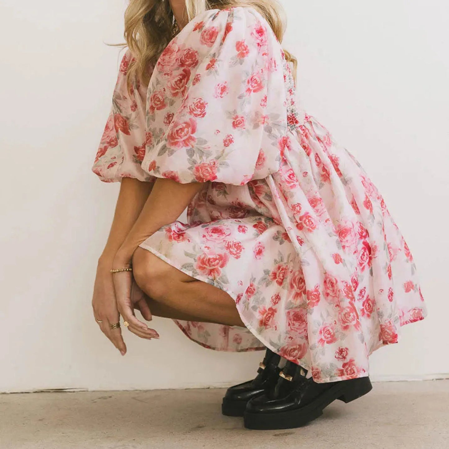 Floral Print Short Puff Sleeve Mesh Layered Babydoll Short Dress