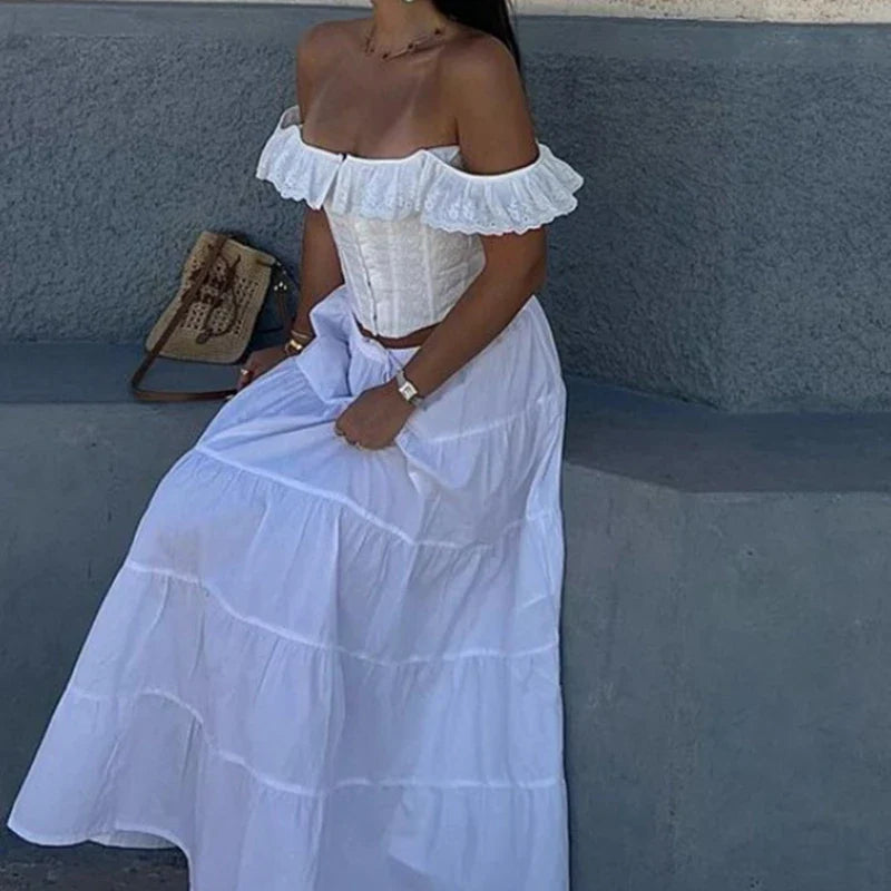 Ruffles Off Shoulder Eyelet Corset Crop Top