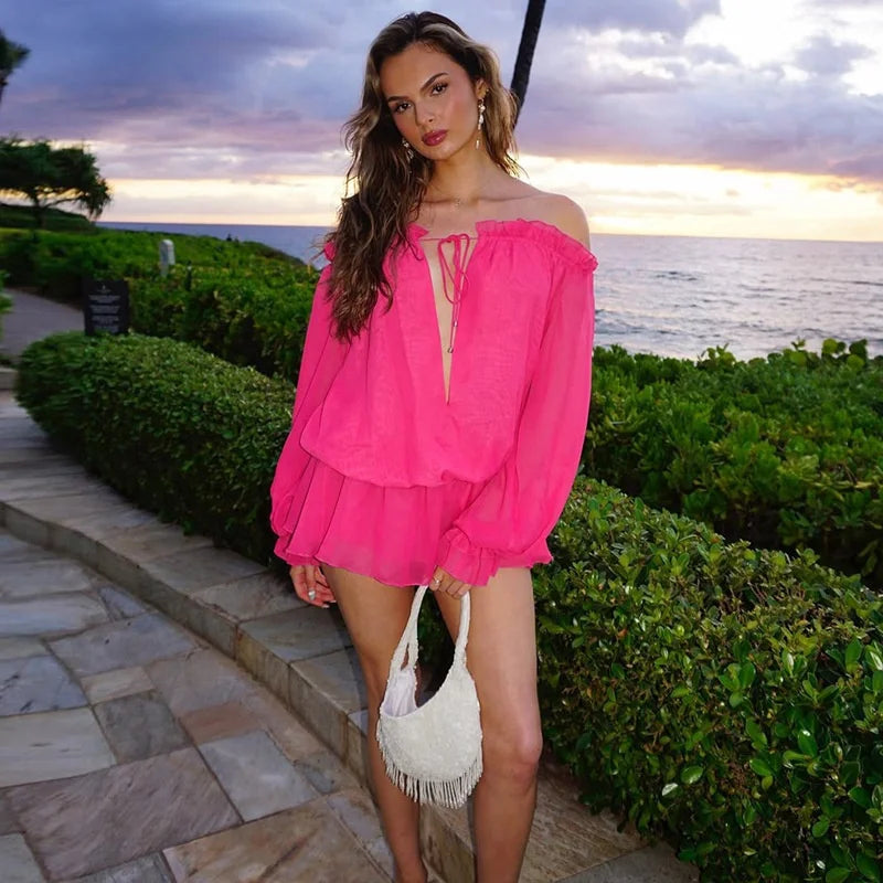 Pink Off-Shoulder Long Sleeve Lace-up Mini Dress