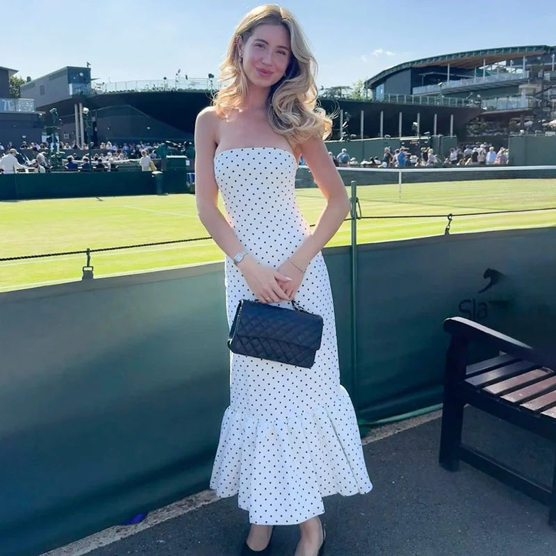 Polka Dot Strapless Tiered Hem Midi Dress
