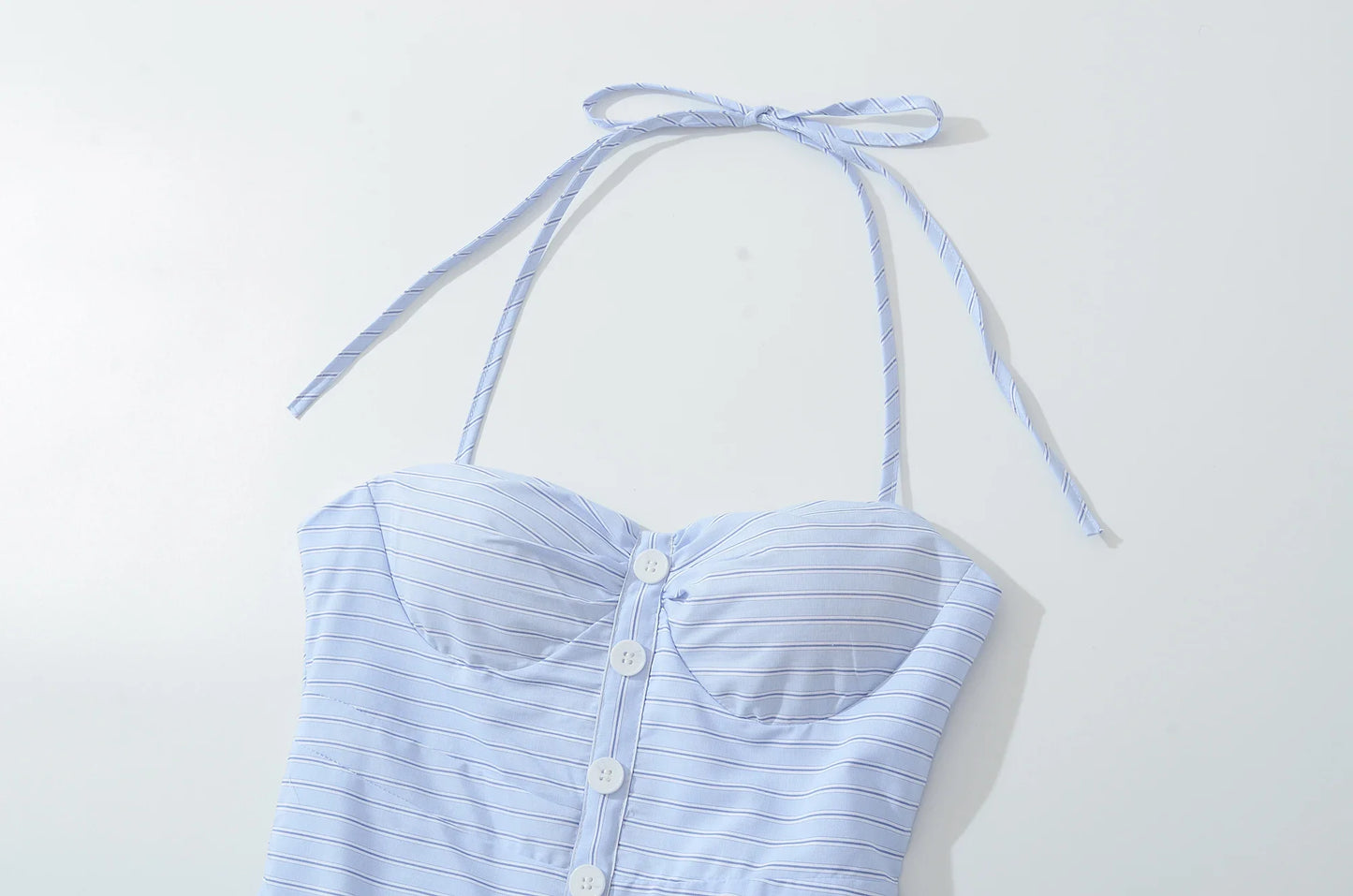 Blue Striped Padded Corset Bow Halter Mini Dress
