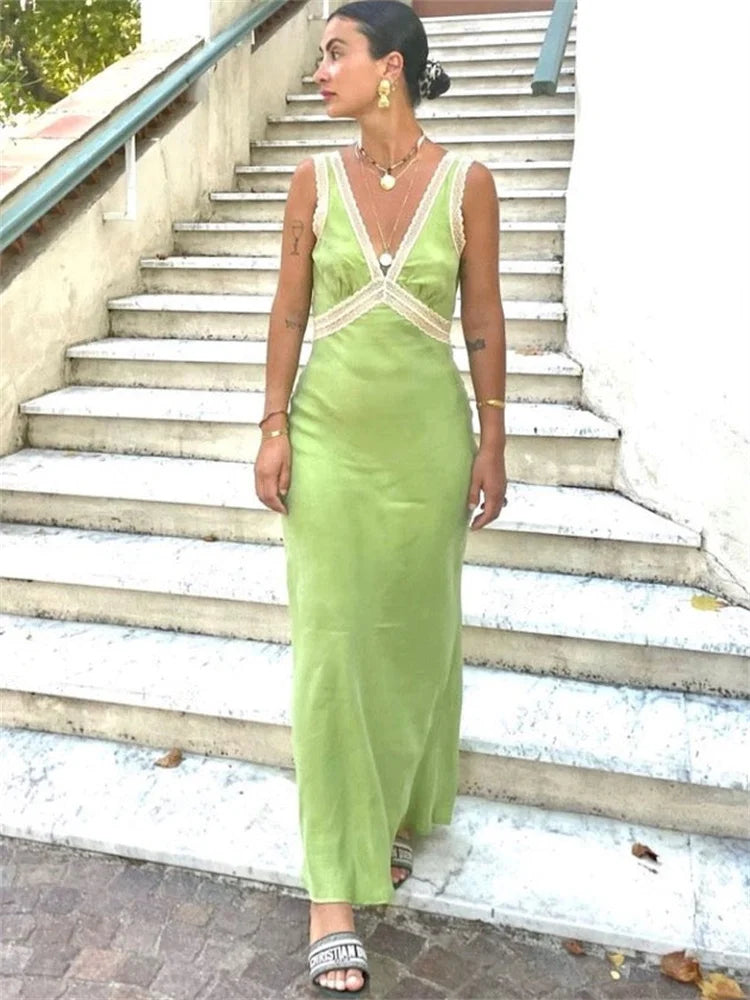 Lace Patchwork V-Neck Maxi Dress