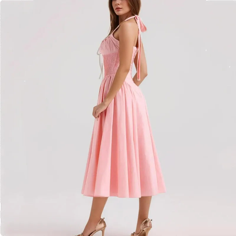 Pink Halter Drawstring Midi Dress