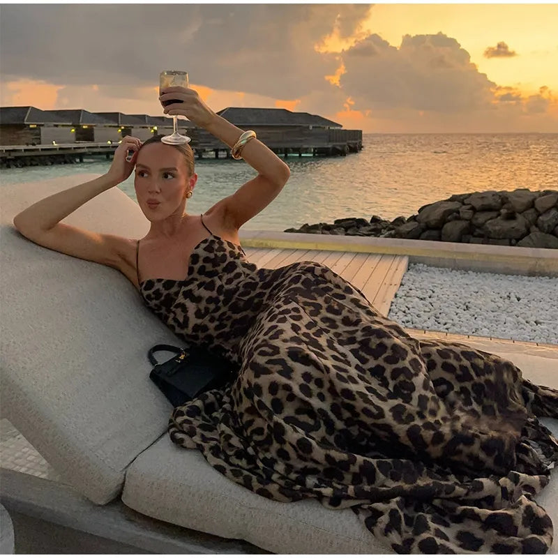 Leopard Sling Strap Long Dress