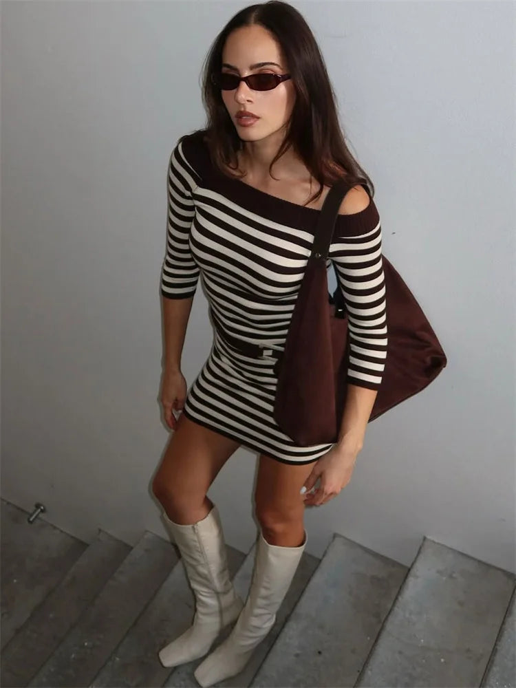 Striped Knit Off-shoulder Mini Dress