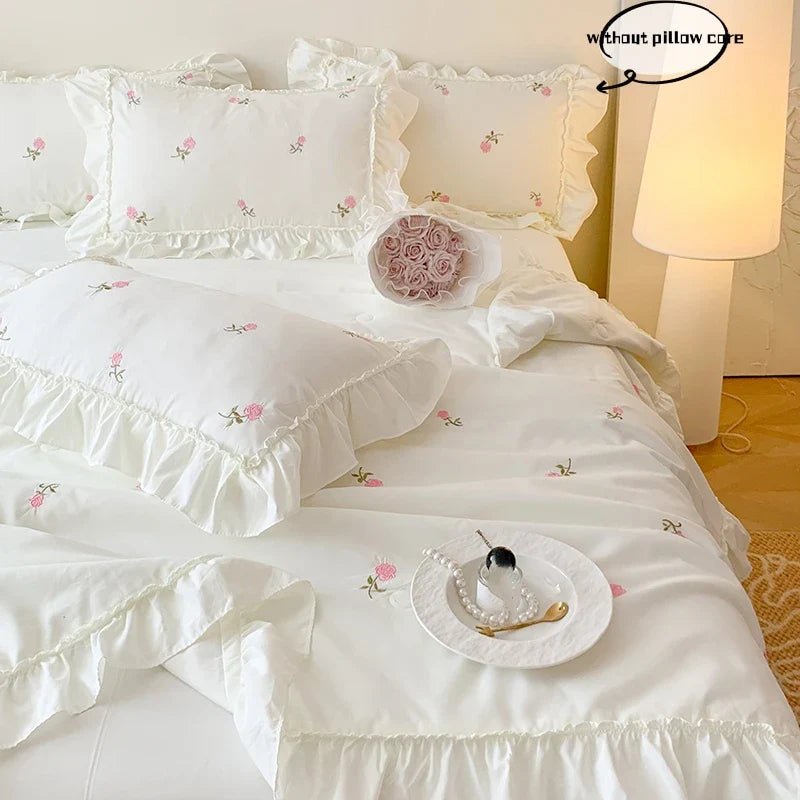 3pcs Rose embroidery Lace Quilt, pillowcase Single Double Summer Air Conditioning Throw Blanket Nap Blanket Thin Quilt