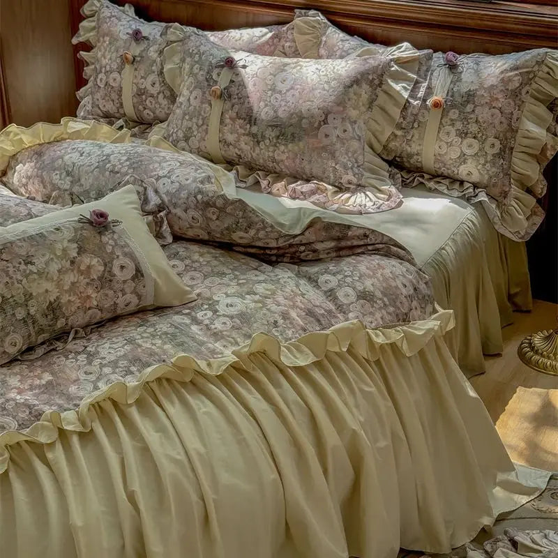 4/5Pcs Vintage French Style Flowers Pleated Lace Ruffles Bedding Set Egyptian Cotton Duvet Cover Bed Skirt Bed Sheet Pillowcases