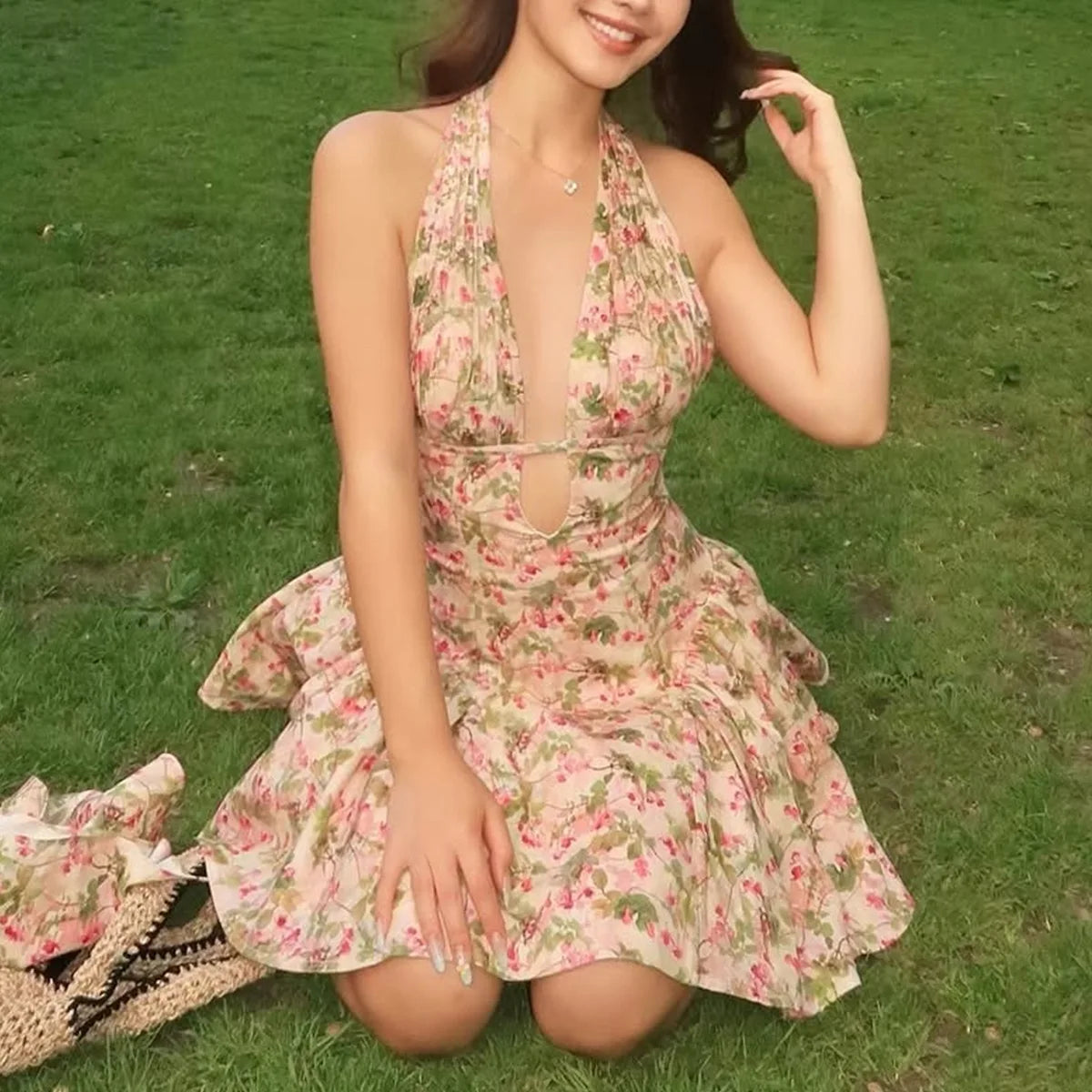 Floral Deep Halter Neck Mini Dress
