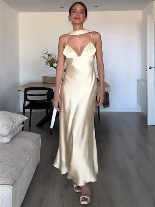 Satin Cami Long Dress With Neck Scarf