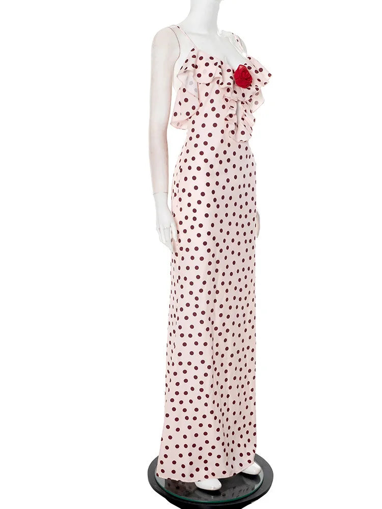 Rose Polka Dot Ruffle Strappy Maxi Dress