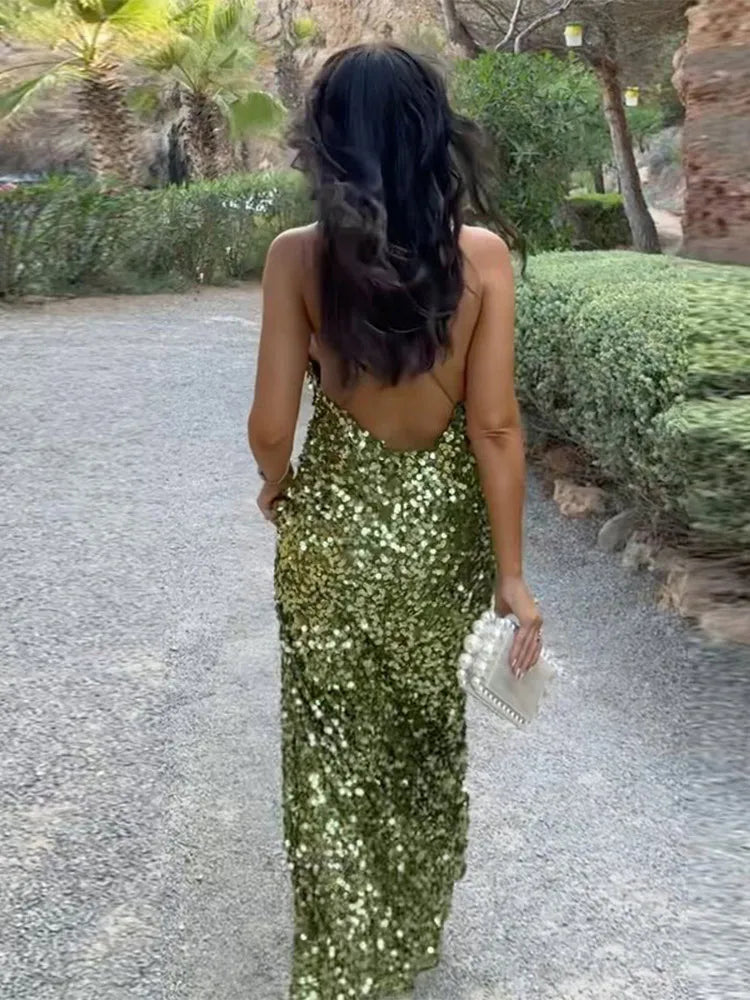 Green Sequin Backless Sling Maxi Dress