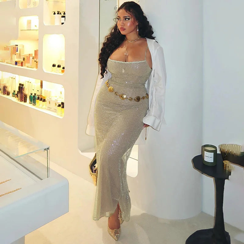 Sequin Spaghetti Strap Midi Dress